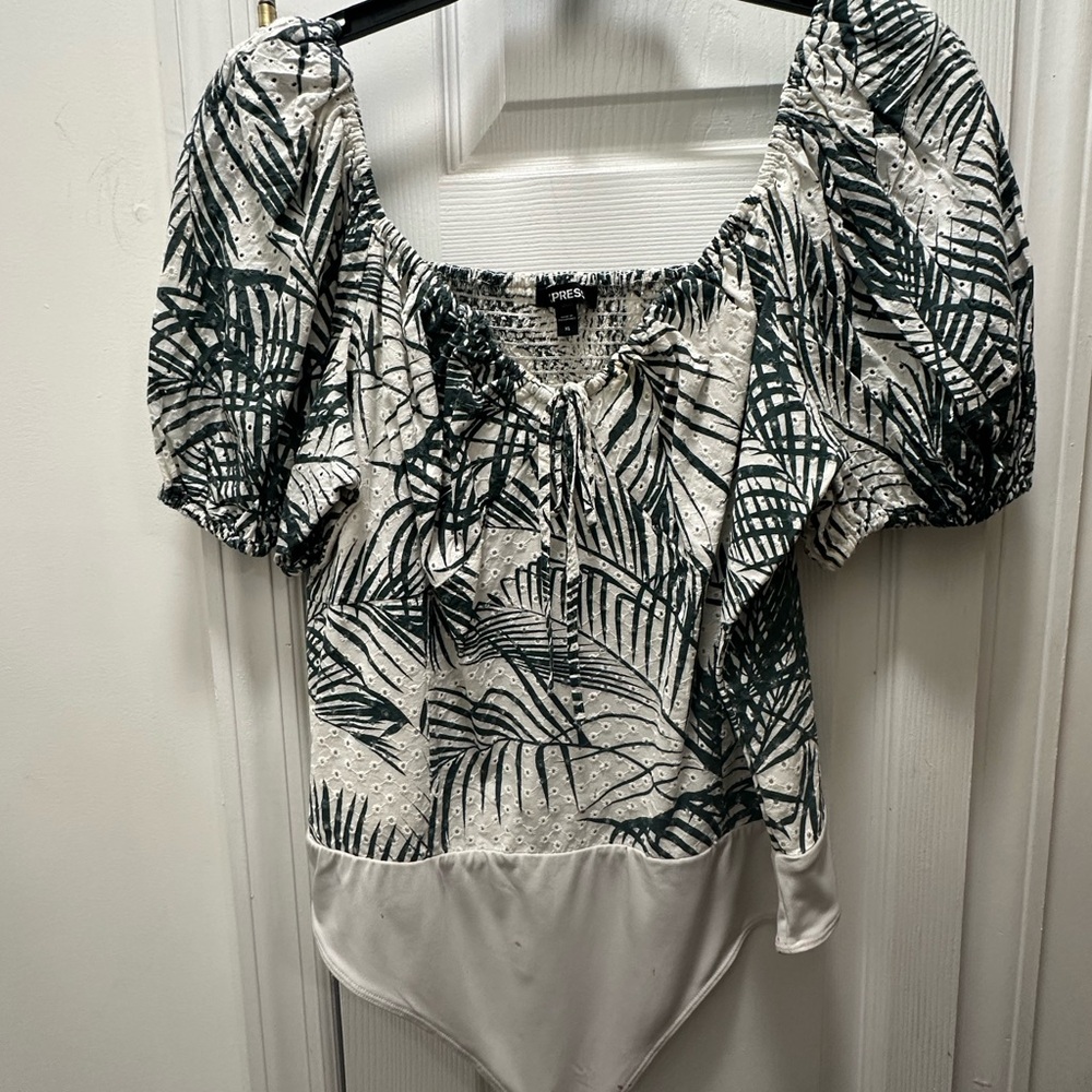 Express Green and White Leaf Print Bodysuit